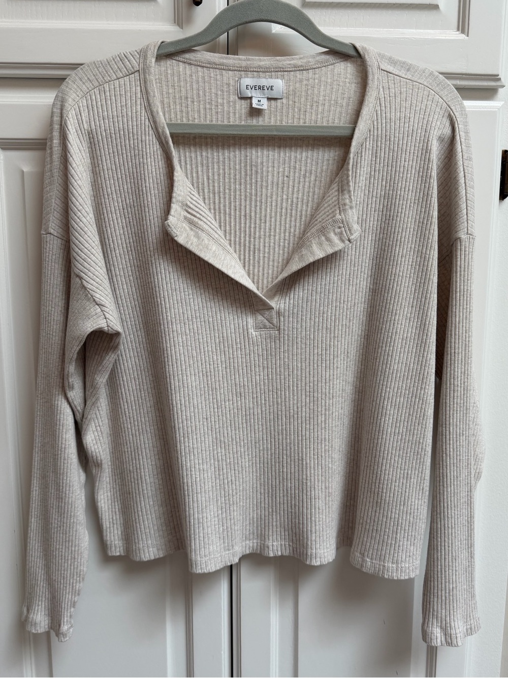 Evereve Ribbed Split Neck Long Sleeve Top Natural Beige Size Medium